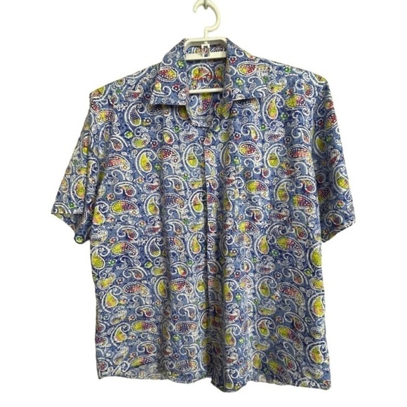 Alan Flusser Men's Size L Blue Yellow Paisley Short Sleeve Button Up Shirt - Picture 1 of 6